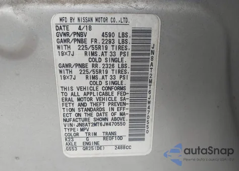 2018 Nissan Rogue Sl из США, поврежденный, VIN JN8AT2MT6JW470550